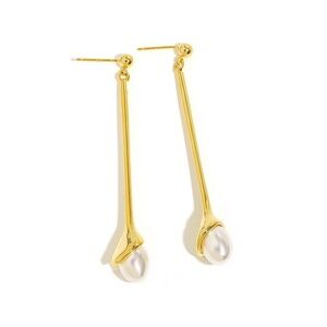 Gold Pearl Drop Earrings – 65x10mm Long Modern Dangle with Teardrop Accent